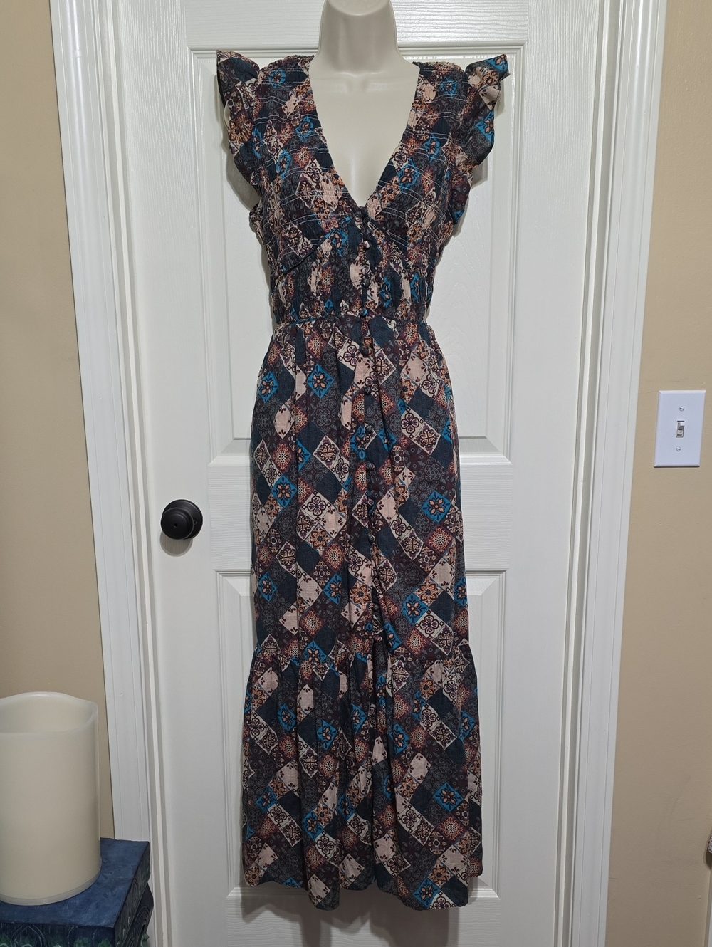 Anthropologie Boho Maxi Dress in Teal and Brown Pattern